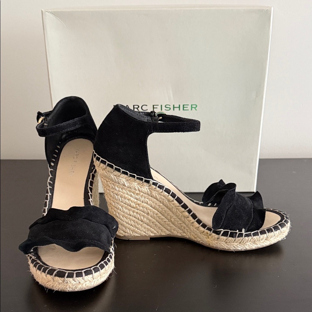 Marc Fisher Black Suede Espadrille Wedges